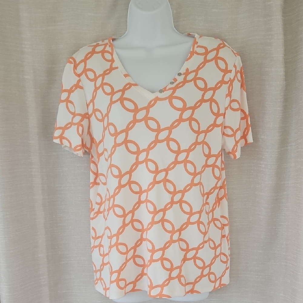 Chico's White and Orange Chain Print Tee Sz 2